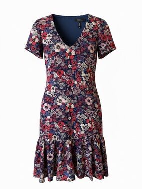 BCBG Navy Floral V-Neck Ruffle Hem Mini Dress Size S Cottagecore Feminine
